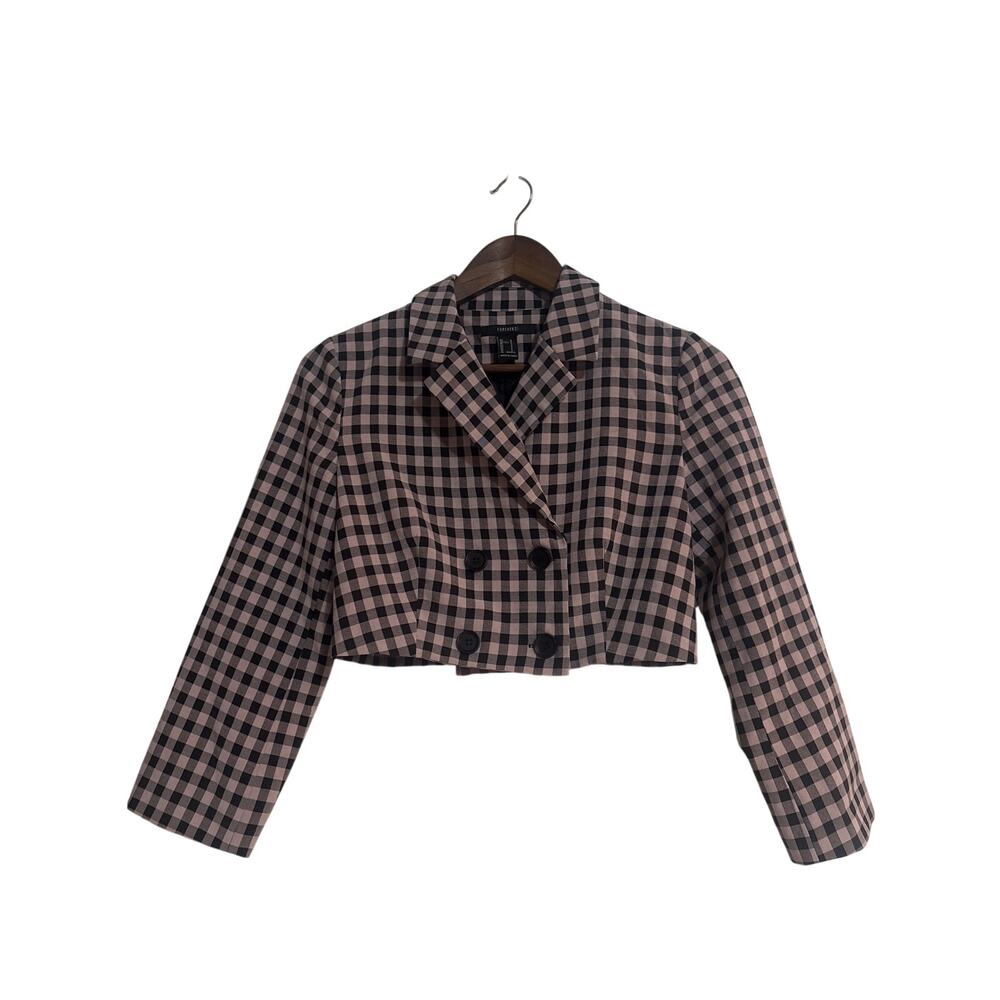 Forever 21 Preppy Cropped Blazer in Cream Black Check Double Breasted Size S